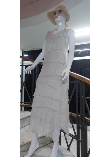 Italyan 2 Beden İnce Gösteren Kat Kat Kolsuz Ipek Elbise-8769 Ekru