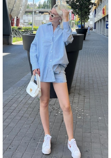 Madmext Mavi Çizgili Over Fit Gömlek Mg1525 Mavi