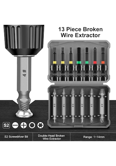 Ximistore9 13 Parçalı Çok Amaçlı Vidalı Vida Sökme Seti, 1-14mm Aralığında, Elektrikli Matkaplarla Uyumlu