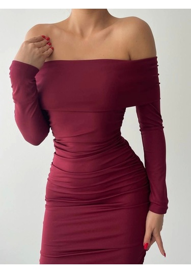 Dakota Drapeli Elbise Bordo