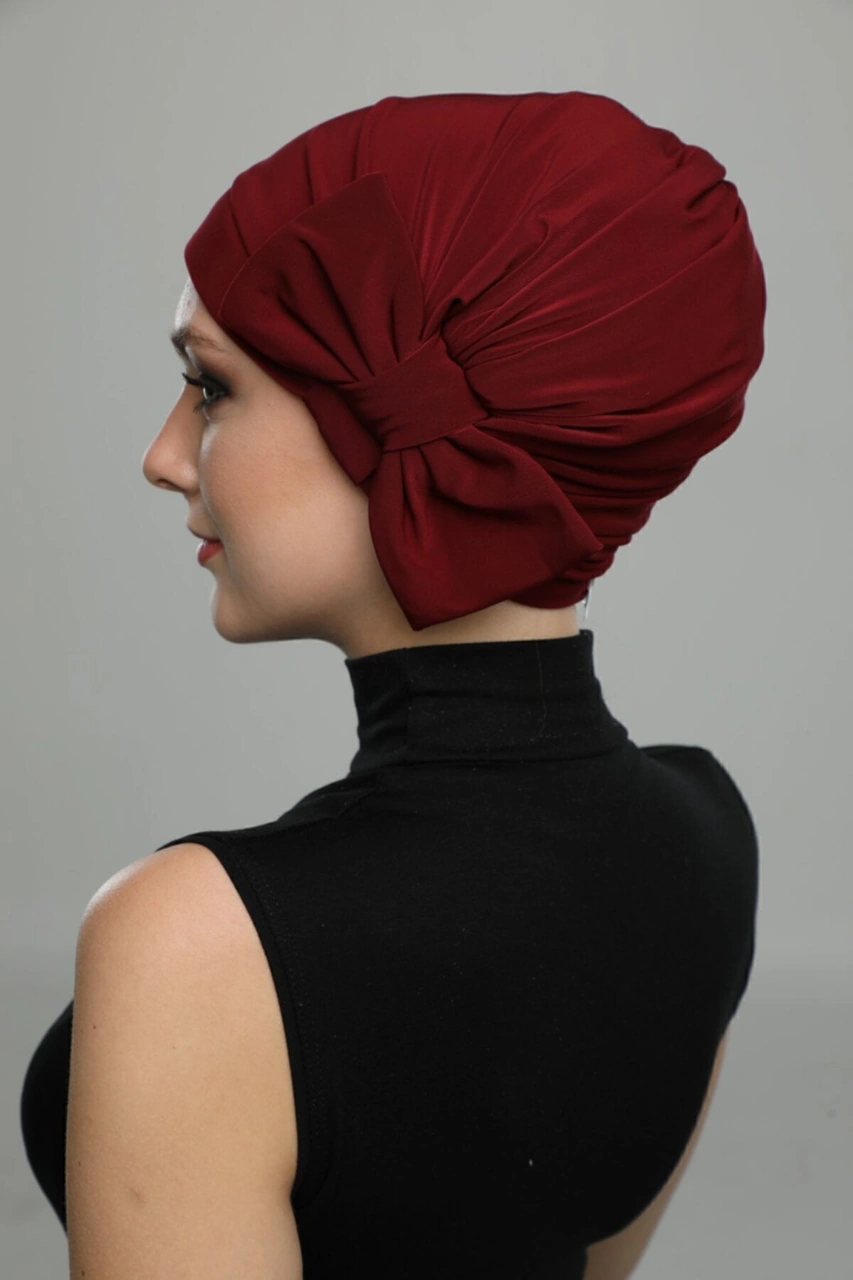 Fiyonklu Bordo Hazır Türban Tesettür Havuz Bonesi Bordo