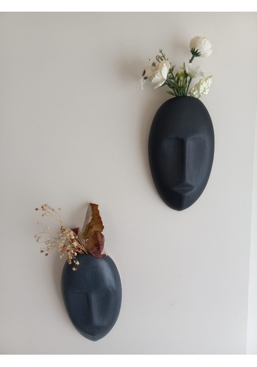 Dekoratif 2'li Yüz Duvar Vazosu, Duvar Süsü ,heykel Aksesuar Siyah Antrasit