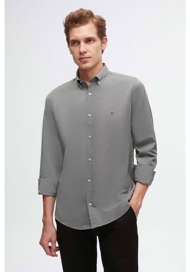Ds Damat Slim Fit Antrasit Oxford Düğmeli Yaka Kolay Ütülenebilir Nakış Detaylı Pamuklu Gömlek 4HC02ORT03265 Antrasit