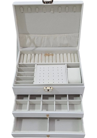 Lüks Anahtarlı Kapitoneli Deri Büyük Boy Takı, Seyahat Ve Mücevher Çantası,kutusu Beyaz 17x23 Cm Çok Renkli