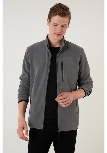 Buratti Slim Fit Fermuarlı Cepli Dik Yaka Polar Erkek Hırka 5906028 Gri