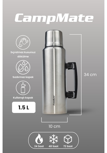 Cooker Ckr2084 Campmate 1.5 L Paslanmaz Çelik Termos Çift Kat Vakumlu, Sızdırmaz Kapaklı, 24 Saat Sıcak 48 Saat Soğuk Kamp, Outdoor, Piknik, Ofis, Otel, Kafe, Okul, Seyahat Gümüş Gümüş