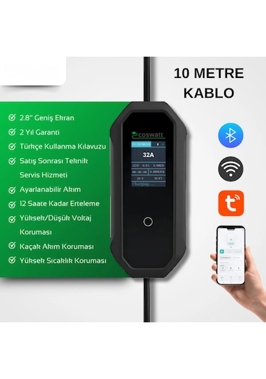 7 KW 32A Türkçe Menü 10 M Elektrikli Araç Şarj İstasyonu Taşınabilir