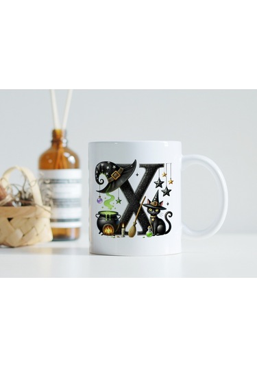 X Harfli Halloween Kedili Figür Kupa Bardak - Şapkalı Ve Kazanlı İsme Özel Kupa - Hediye 07 Beyaz
