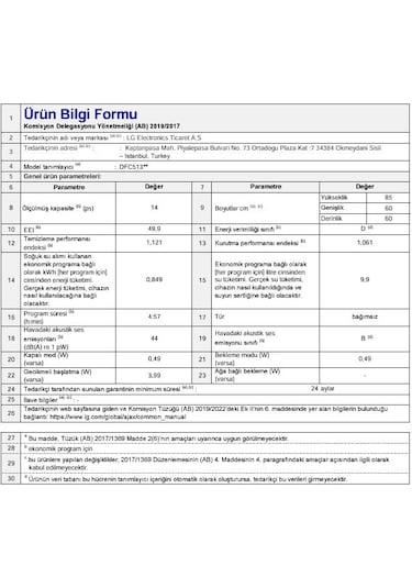 LG DFC513FW 9 Programlı 14 Kişilik Bulaşık Makinesi