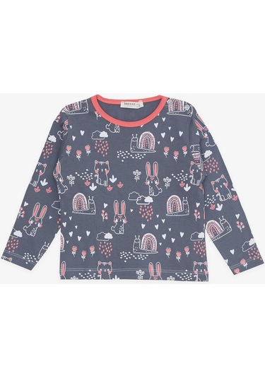 Breeze Kız Bebek Pijama Takımı Hayvancık Desenli Doğa Temalı 9 Ay-3 Yaş, Füme-füme Füme