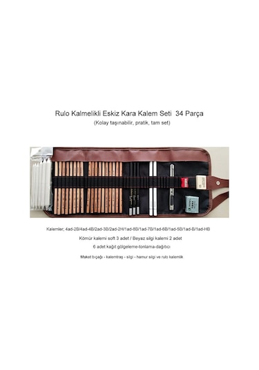 Kara Kalem Çizim Seti, Eskiz Kalem Seti, Dereceli Kalem Set, Tonlama-rulo Kalemlikli-34 Parça