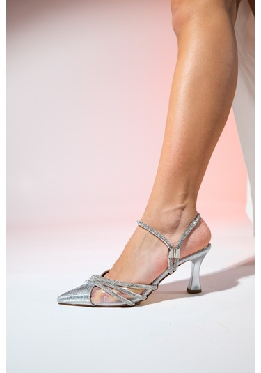 Luvishoes Lavıe Gümüş Desenli Şerit Taşlı Kadın Abiye Ayakkabı