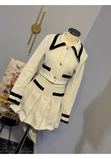 Maison Meda Gold Touch Tweed Set Kışlık Lüks Şık Ceket & Etek Takım Bej
