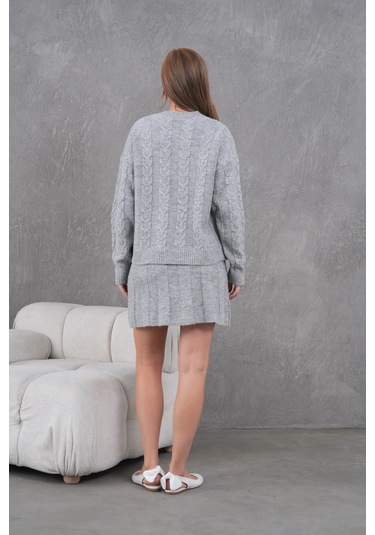 Kadın Bisiklet Yaka Saç Örgü Kazak Etek İkili Triko Takım Gri