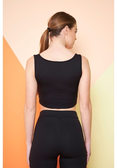 Yeşil Fitilli Kare Yaka Esnek Örme Crop Büstiyer Atlet Siyah