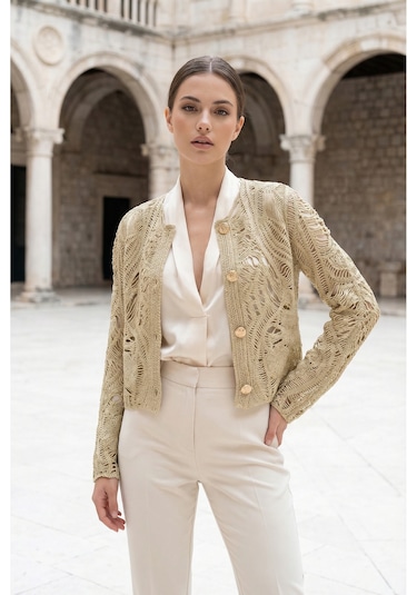 Sayzen Your Shine Dantel Desenli Gold Düğmeli Basic Ceket Shn-2602-tg Stone