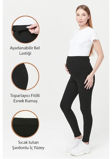 Luvmabelly Myra8068 Toparlayıcı Fitilli Termal İçi Şardonlu Sıcak Tutan Beli Ayarlanabilir Hamile Tayt -siyah-siyah