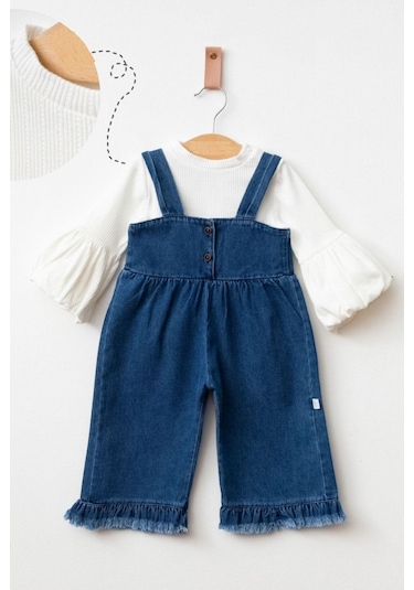 Kız Bebek Jean Püsküllü Salopet Ve Pamuklu Body 2'li Takım Koyu Mavi