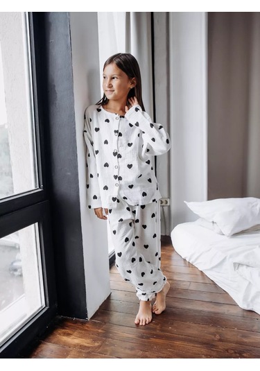 Ruandı Kalpli Çocuk Muslin Pijama 250485931 Beyaz