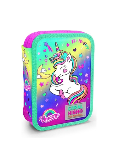 Coral High Kids Lavanta Su Yeşili Unicorn Desenli Çift Katlı Kalem Çanta 11129 Pembe - Su Yeşili