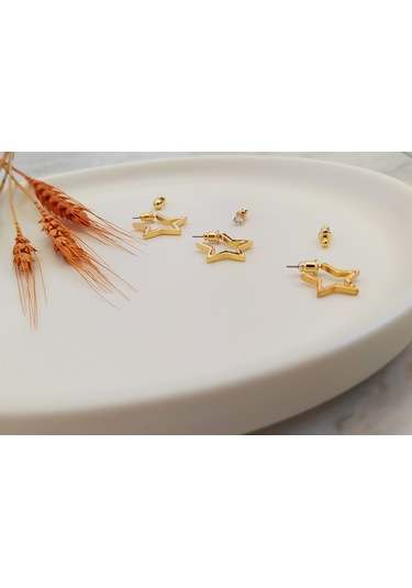 Yıldız 3'Lü Altın Kaplama Küpe Seti Altın