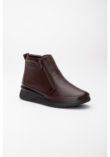 Hakiki Deri Ortopedik Kadın Bot Kahve 2 Fermuarlı Dolgu Tabanlı-3298 Kahve