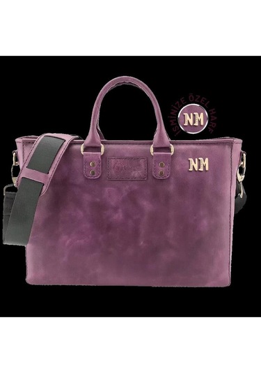 İsme Özel Günlük Kullanım El Omuz Evrak Laptop Çantası - %100 Deri - Ac09004 - Mor-134429 Siyah