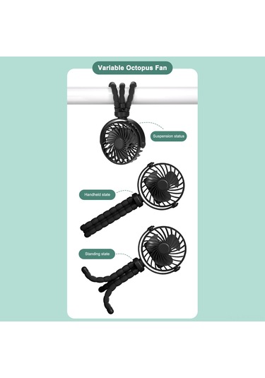 Kosona Siyah F3 Çok Amaçlı Tripod Fan: Bebek Arabası Asma Fanı, 360 Döner, 3 Hızlı, Gece Lambalı, 800mah Pil