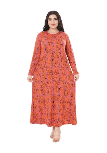 Melsay Butik Turuncu İnce Mercan Desen Uzun Kollu Kadın Elbise Turuncu