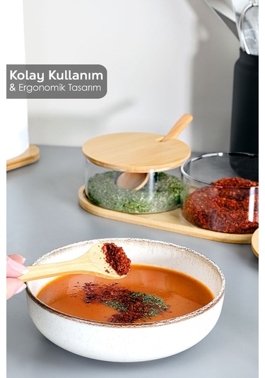 2'li Bambu Kapaklı Cam Baharatlık Seti - Bambu Kaşıklı Standlı Tuzluk Biberlik Baharat Takımı 280 Ml ŞEffaf