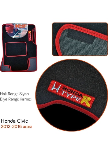 Nyf Honda Civic 2012-2016 Siyah Halı Paspas (Biye Kırmızı)