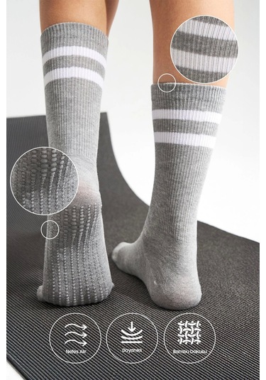 Bambu Kadın Gri Kaydırmaz Taban Silikon Baskı Yoga Fitness Pilates Bale Dans Tenis Çorabı Çok Renkli