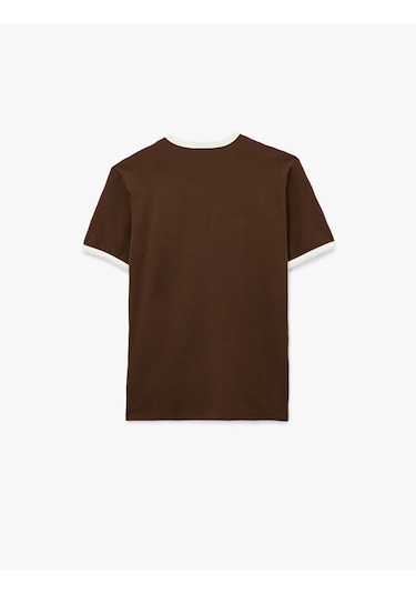 Koton Kısa Kollu Bisiklet Yaka Tok Kumaş Renk Kontrastlı Pamuklu Slim Fit Tişört Kahverengi 6wam10098hk Kahve