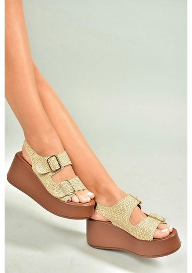 Fox Shoes U946418517 Bej Hasır Dolgu Topuklu Kadın Ayakkabı Bej-hasır