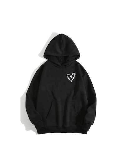 Clayes Minimal Kalp Sweatshirt - Siyah Baskılı Oversize Kapüşonlu Siyah