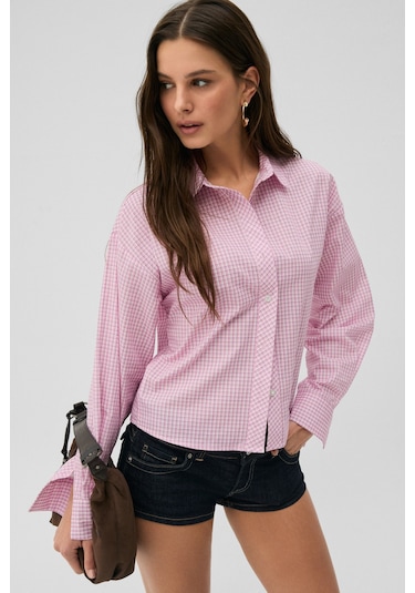 Grimelange Grımelange Medea Kadın Slim Fit %100 Organik Pamuklu Kahverengi Çizgili Slim Fit Pembe Çizgili Gömle
