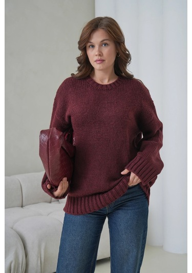 Kadın Bisiklet Yaka Yumuşak Dokulu Oversize Triko Kazak 3032 Bordo