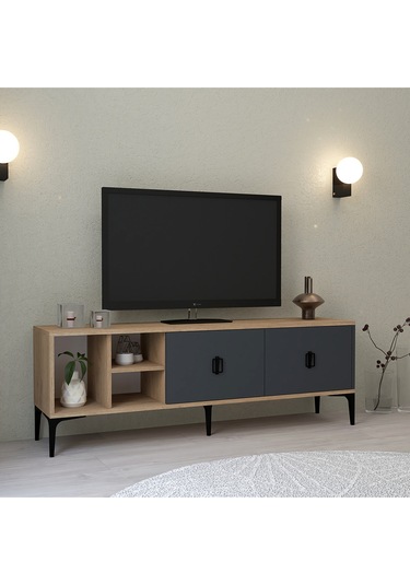 3505 Era Tv Ünitesi 150 Cm Kapaklı Raflı Antrasit - Sepet Tv Sehpası Antrasit - Sepet