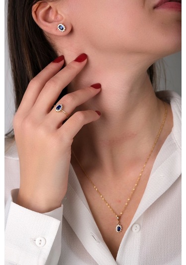Güzide 14 Ayar Altın Mavi Taşlı Set