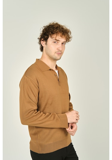 Ateş Triko Erkek Polo Yaka Düğmeli Yün Kazak 6091023 Camel Camel
