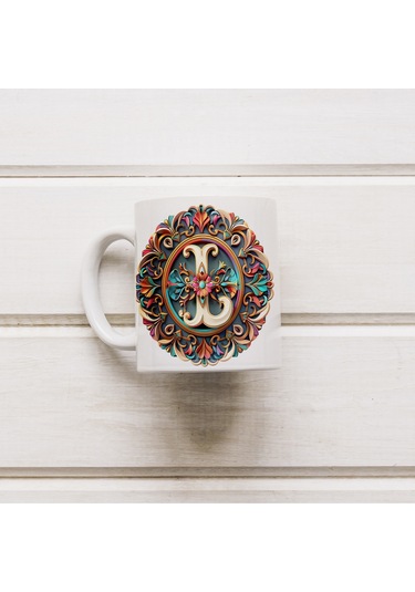 L Harfi Boho Bardak, Renkli Özel Tasarım Hediyelik Harfli Kupa, 330ml Porselen Beyaz