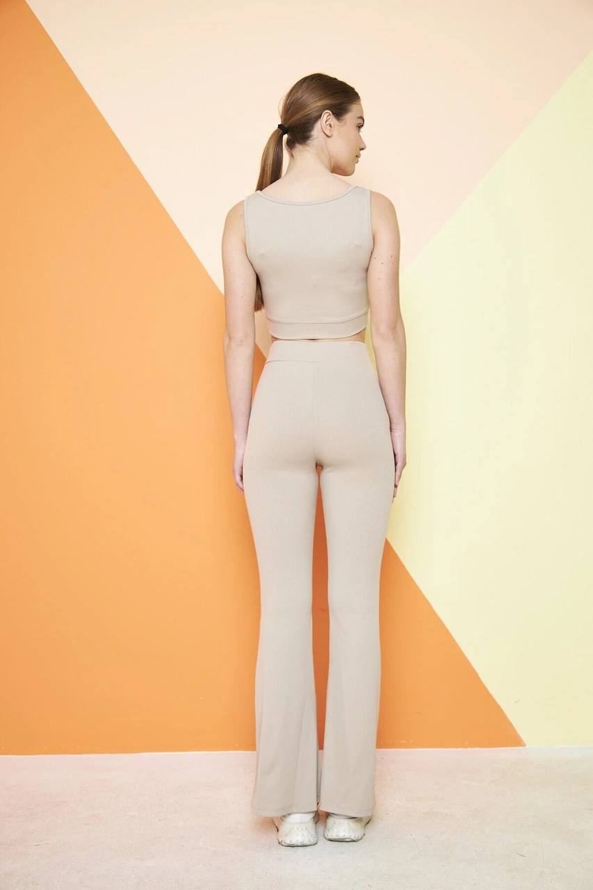 Siyah Yüksek Bel Fitilli Ispanyol Paça Interlok Örme Kadın Tayt Bej