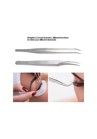 Teltree "2'li Paslanmaz Çelik Kirpik Uzatma Maşası Seti - Düz Ve Kavisli Uçlu, Taşıma Kutusu Hediyeli"