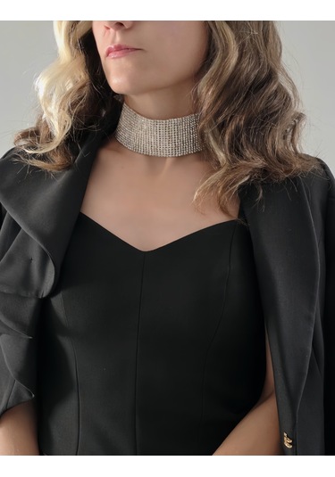 Gümüş Kaplama Rhinestone Choker Tasma Model Kolye Gümüş