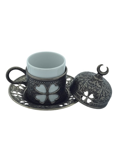 Yonca Desenli 6 Kişilik Porselenli Kapaklı 24 Parça Kalay Renk Fincan Seti Gri