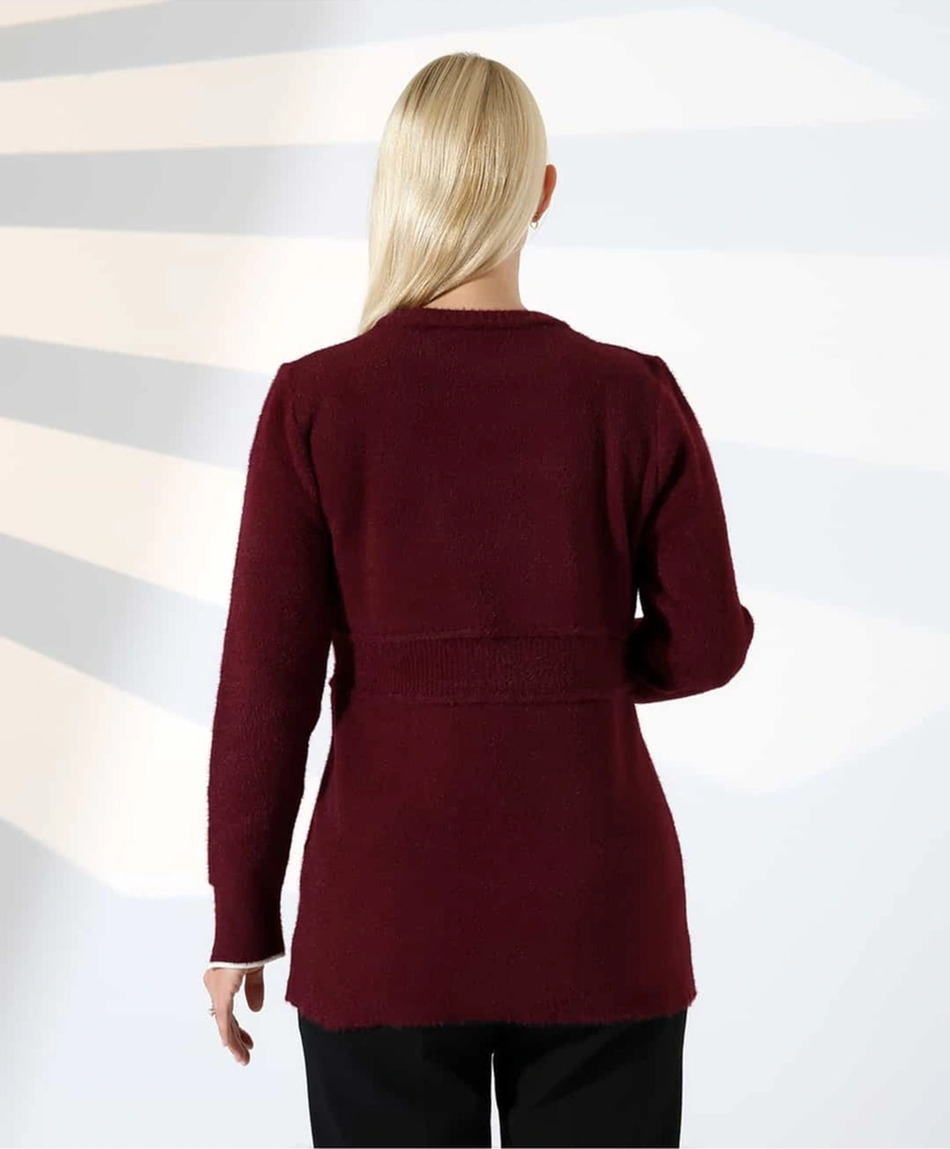 Bel Detaylı Yumuşak Triko Kazak Bordo