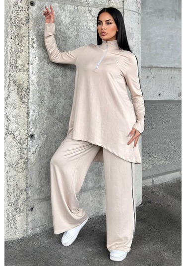 Taş Asimetrik Kesim, Fermuarlı Bluz & Bol Paça Pantolon - Viskon İki İplik Kumaş Alt & Üst Takım Taş