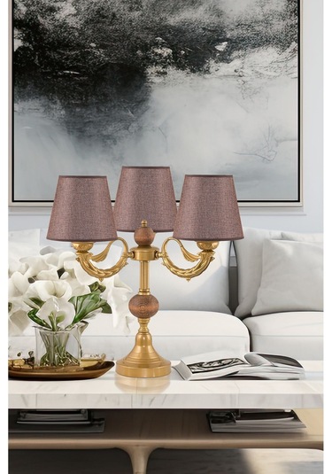 Üçlü Şamdan Masa Lambası Abajur Eskitme Kahverengi Şapkalı Eskitme