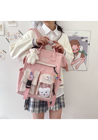 Samdoo Kadın Üniversite Öğrencisi İçin Büyük Kapasiteli 16" Siyah Çift Askılı Çanta - Badge Aksesuar, Dayanıklı Kumaş, Modern Stili Siyah