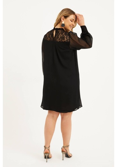 Astarlı Şifon Dantel Detay Elbise-1525 Siyah